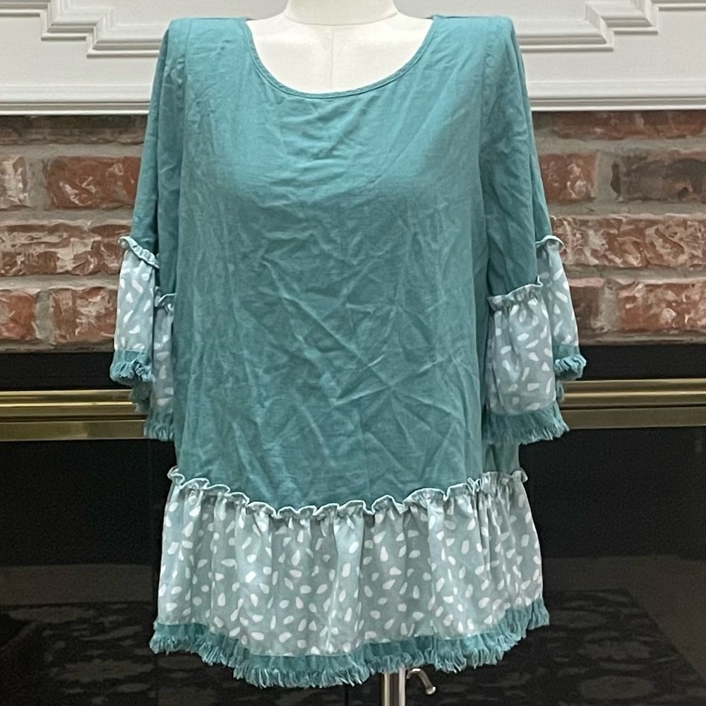 Umgee linen-blend green layered ruffled multipatterned top / S / Excellent cond.